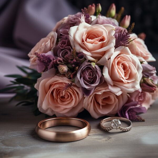 Bouquet de mariage romantique avec alliances en or rose chez fleuriste-montauban à Montauban
