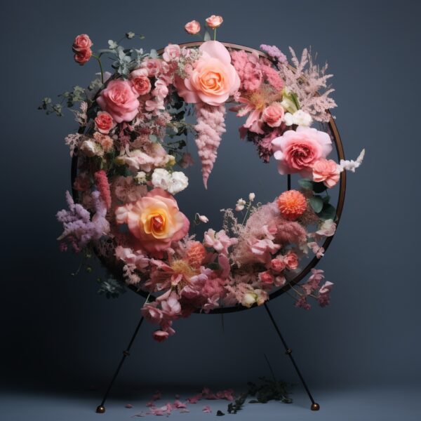 Couronne florale élégante tons roses sur chevalet, création fleuriste-montauban à Montauban