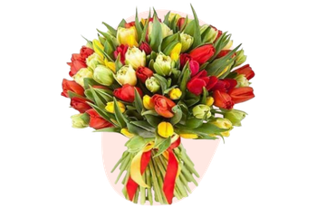 Bouquet de tulipes colorées avec ruban rouge pour célébration chez fleuriste-montauban à Montauban